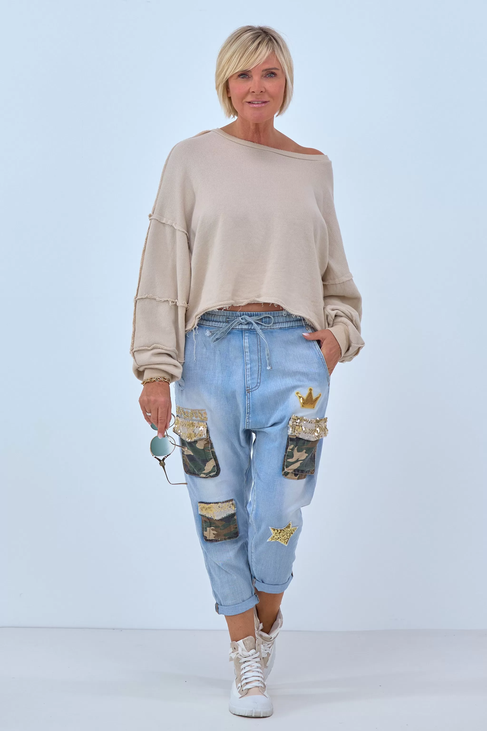 Boyfriend Jeans mit aufwendigen Taschen, denim blue