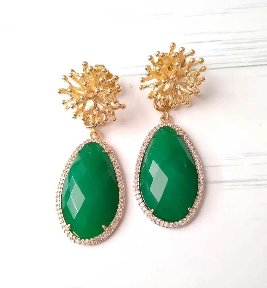 Branch Coral Stud with Haloed Green Agate Earrings