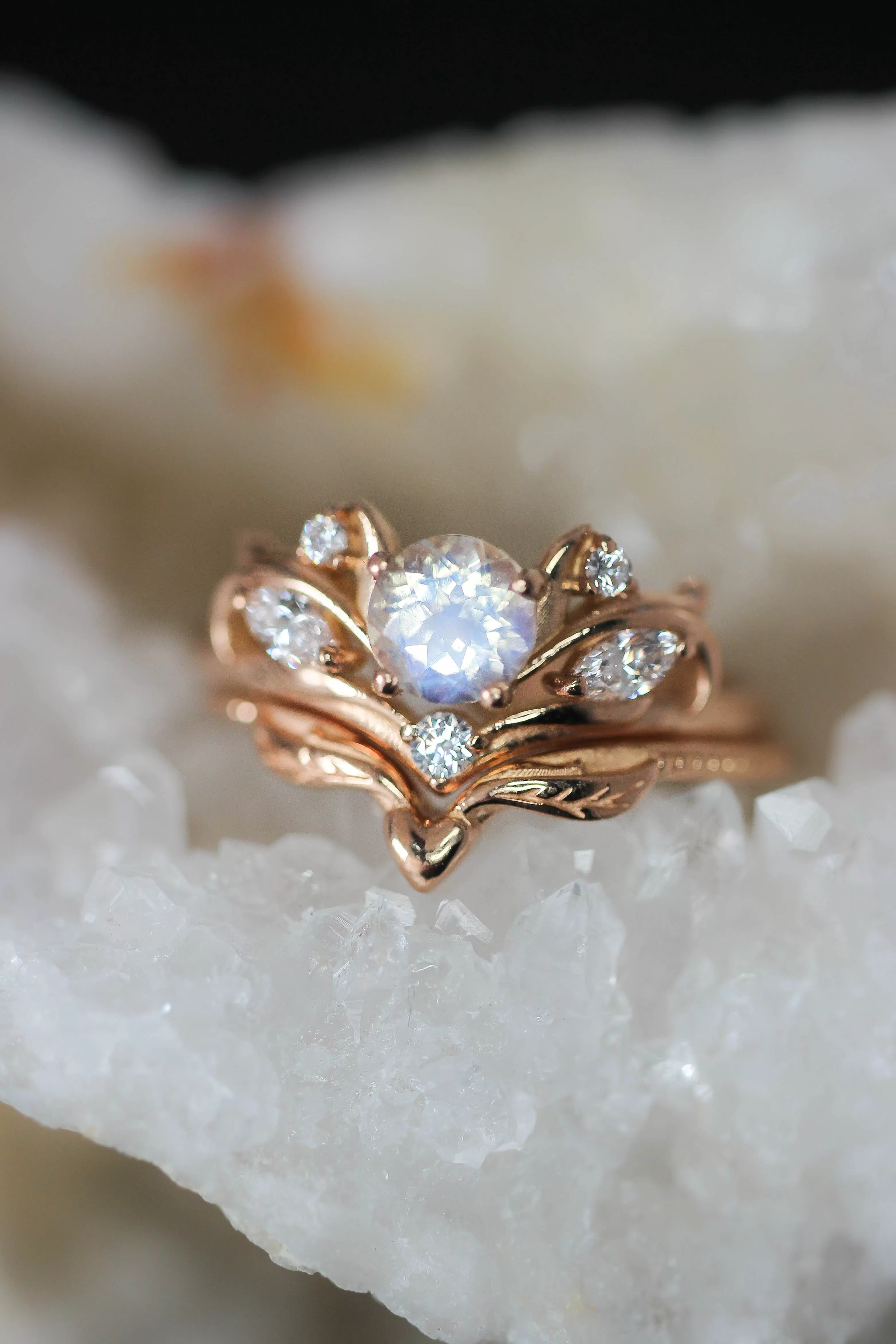 Bridal ring set with rainbow moonstone / Swanlake