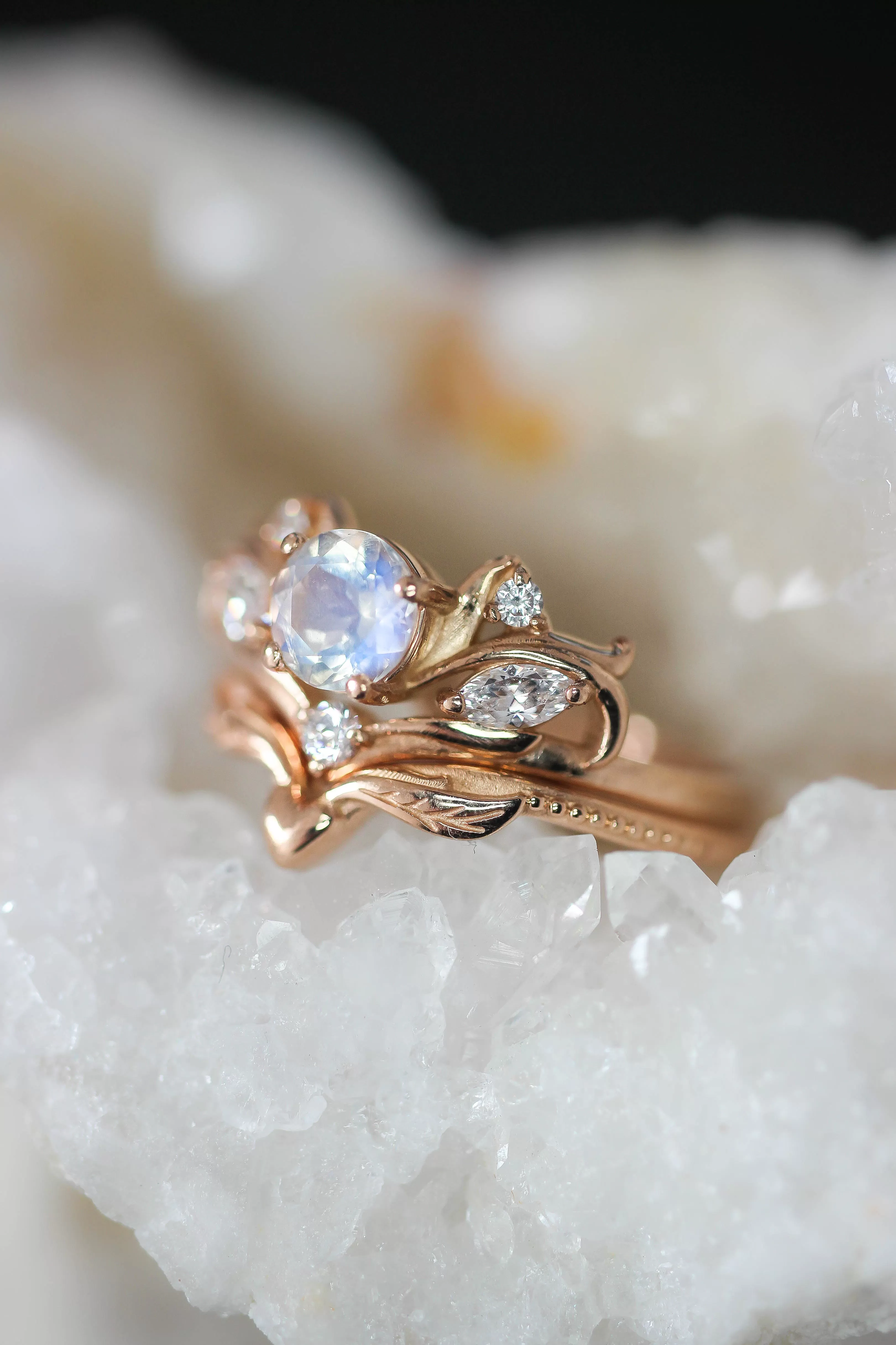 Bridal ring set with rainbow moonstone / Swanlake