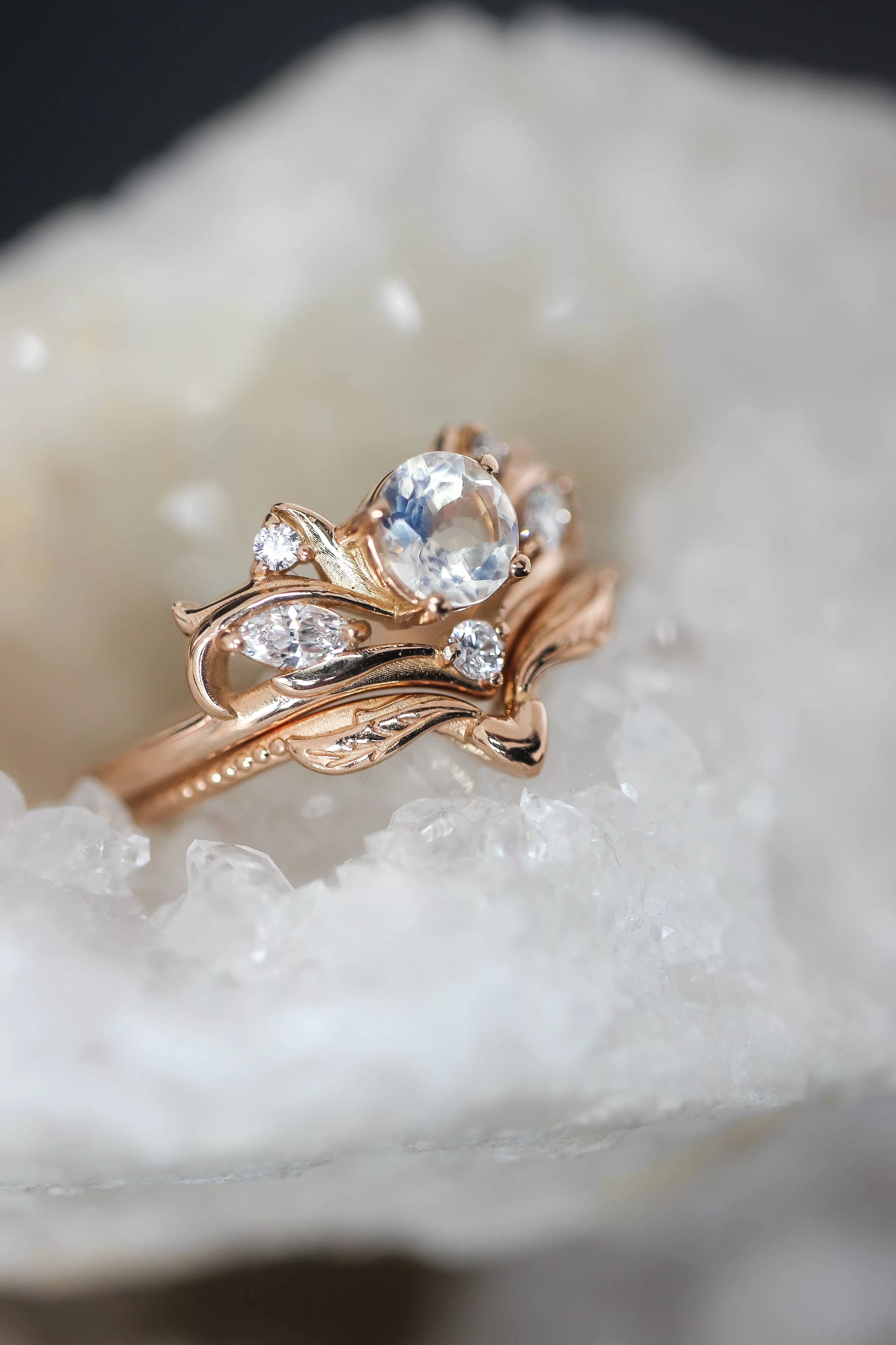 Bridal ring set with rainbow moonstone / Swanlake