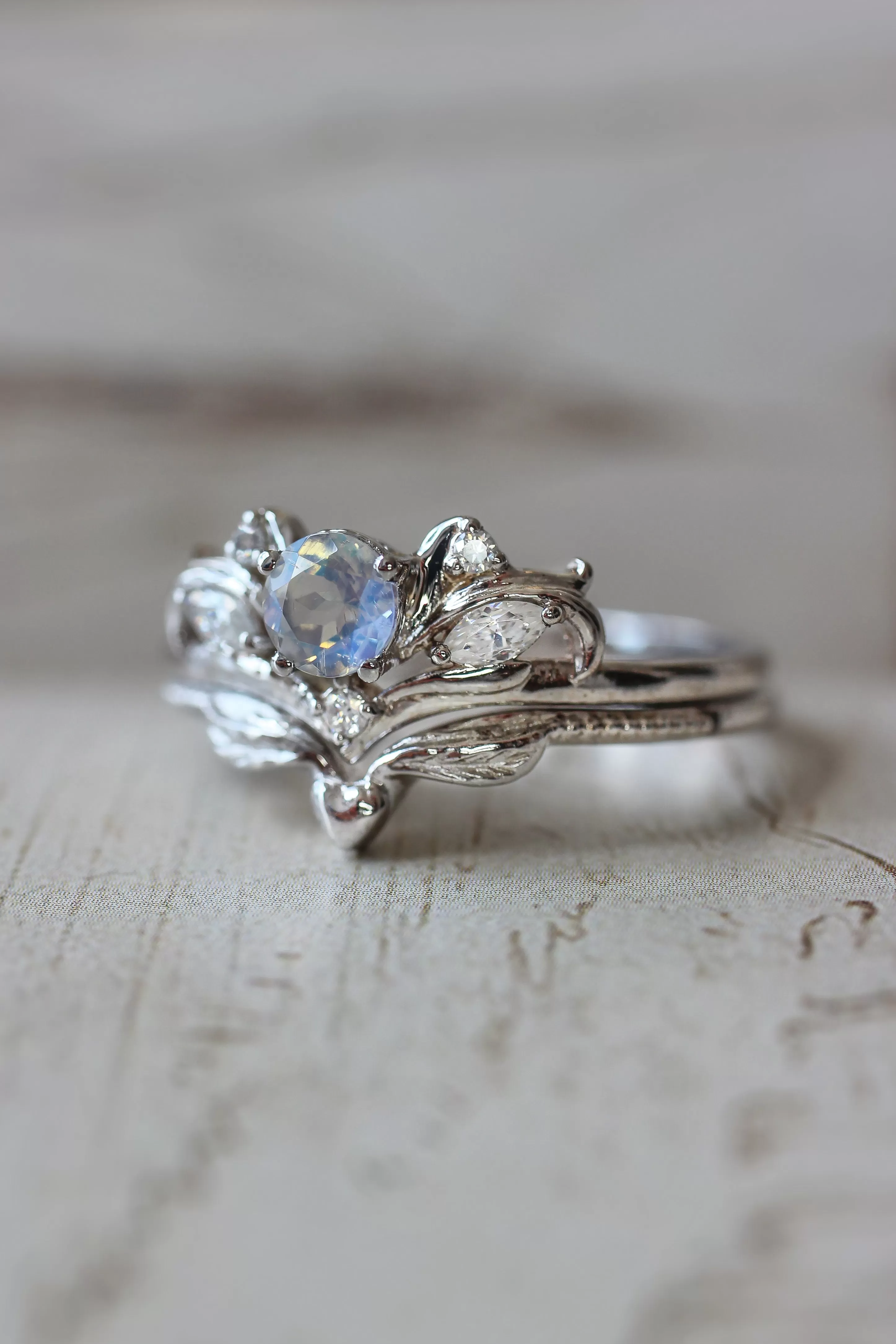 Bridal ring set with rainbow moonstone / Swanlake