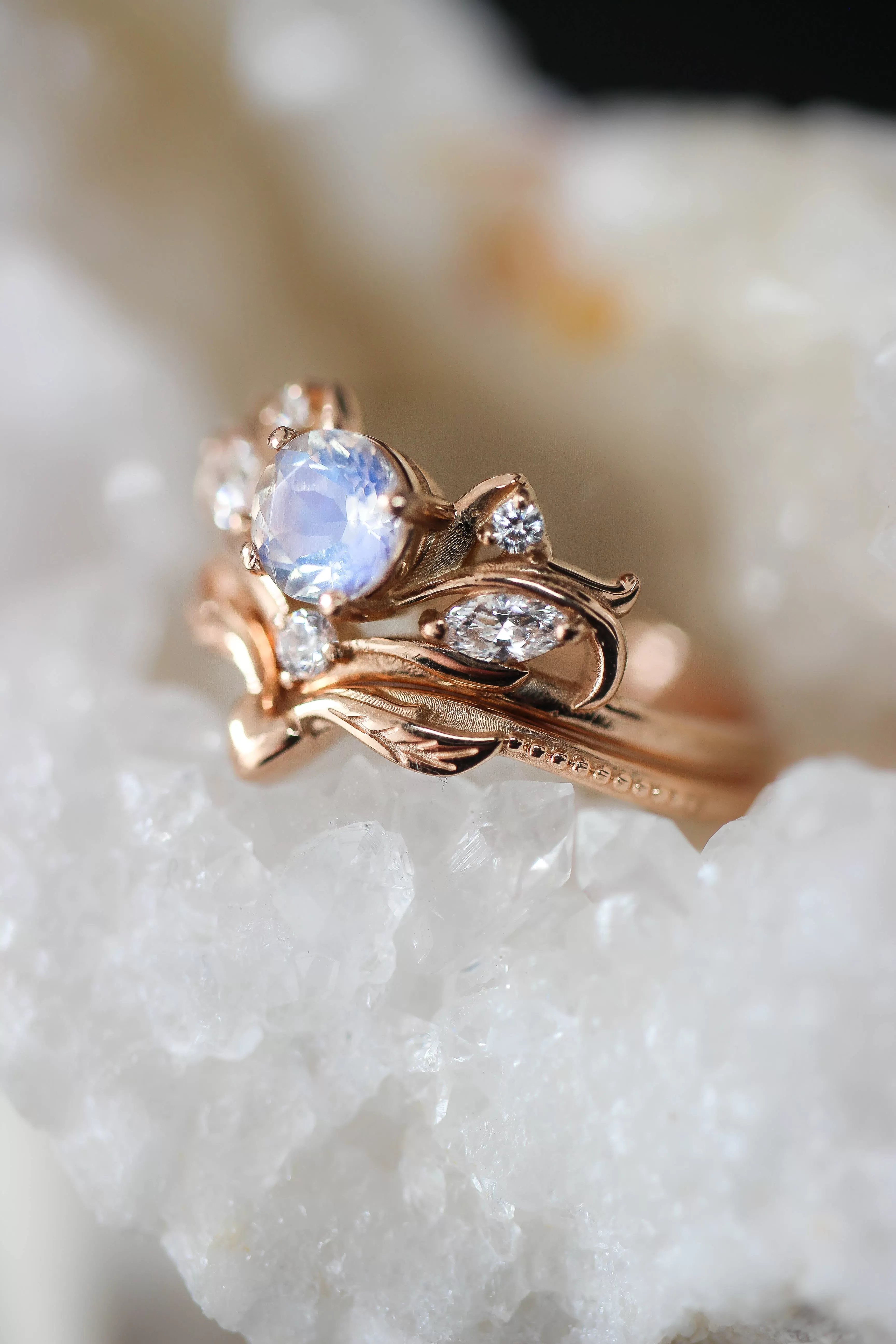 Bridal ring set with rainbow moonstone / Swanlake