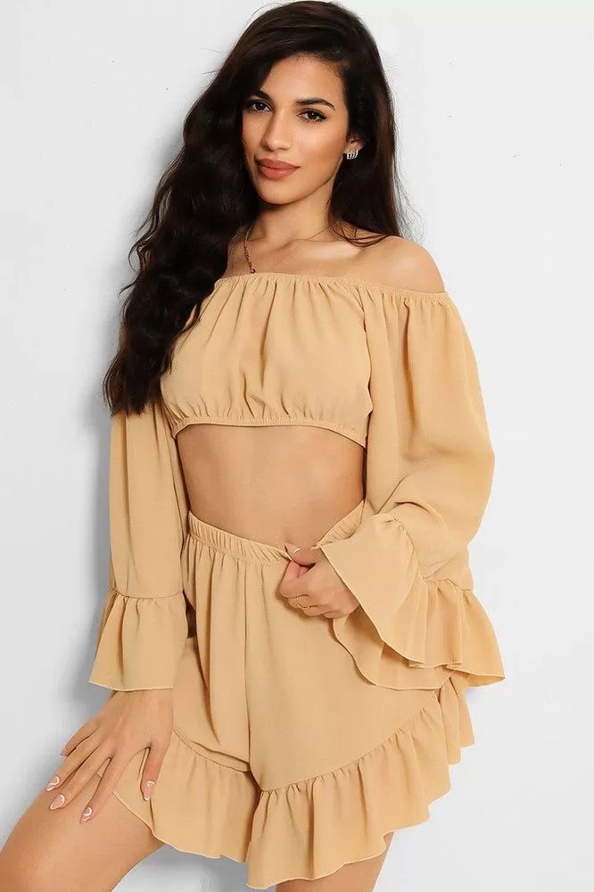 Camel Frill Trim Off Shoulder Crop Top Shorts Set