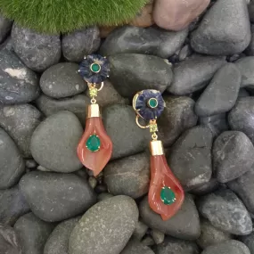 Carved Flower Lapiz Lazuli & Green Agate stud with Peridot,Carved Lily Carnelian & Green Agate Twinset Earrings