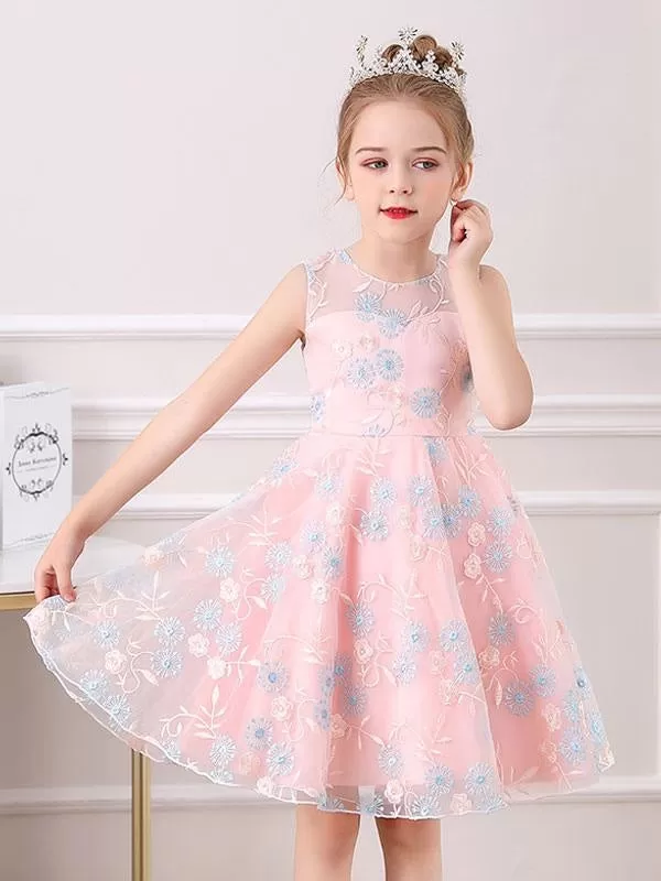 Champagne Kids Social Party Dresses Jewel Neck Sleeveless Flower Girl Dresses