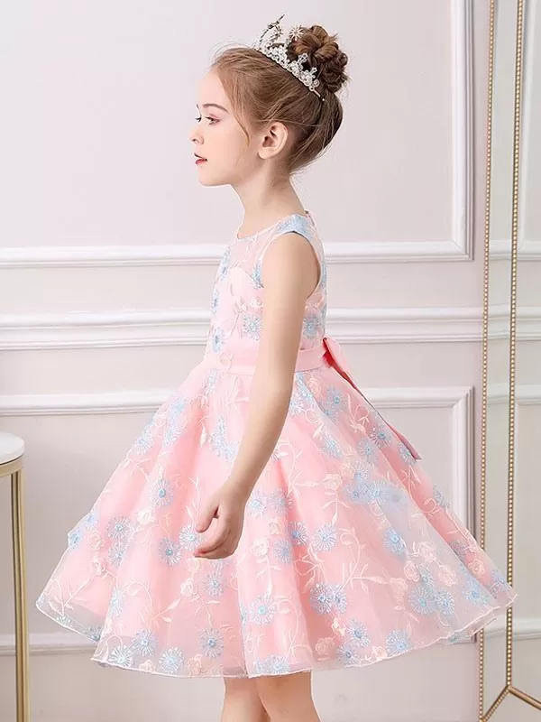 Champagne Kids Social Party Dresses Jewel Neck Sleeveless Flower Girl Dresses