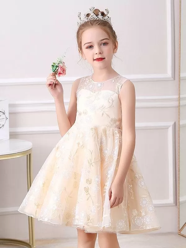 Champagne Kids Social Party Dresses Jewel Neck Sleeveless Flower Girl Dresses