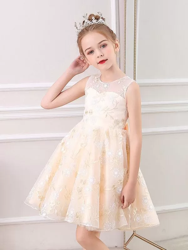 Champagne Kids Social Party Dresses Jewel Neck Sleeveless Flower Girl Dresses