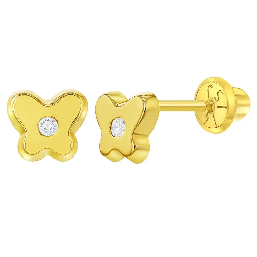 Classic CZ Butterfly 14k Gold Plated Sterling Silver Baby Children Screw Back Earrings