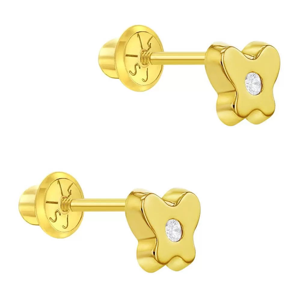 Classic CZ Butterfly 14k Gold Plated Sterling Silver Baby Children Screw Back Earrings