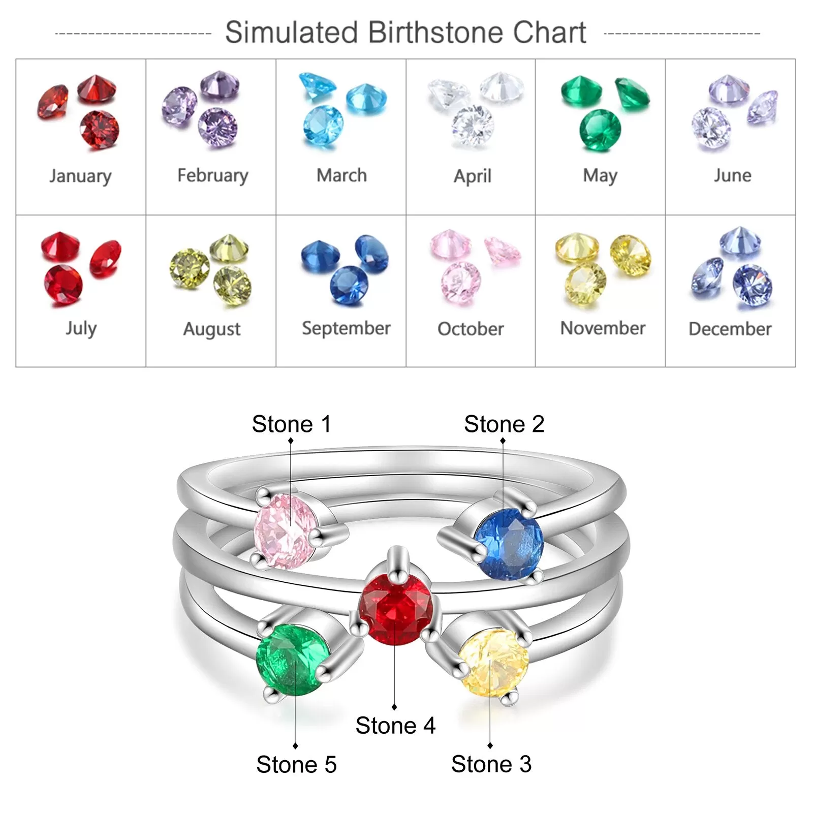 Colorful Round Inlaid Birthstone Stackable Rings for Women Customized DIY Wide Open Ring Birthday Gifts