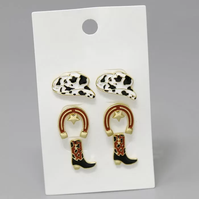 Cowgirl Western Theme Enamel Stud Earring Set