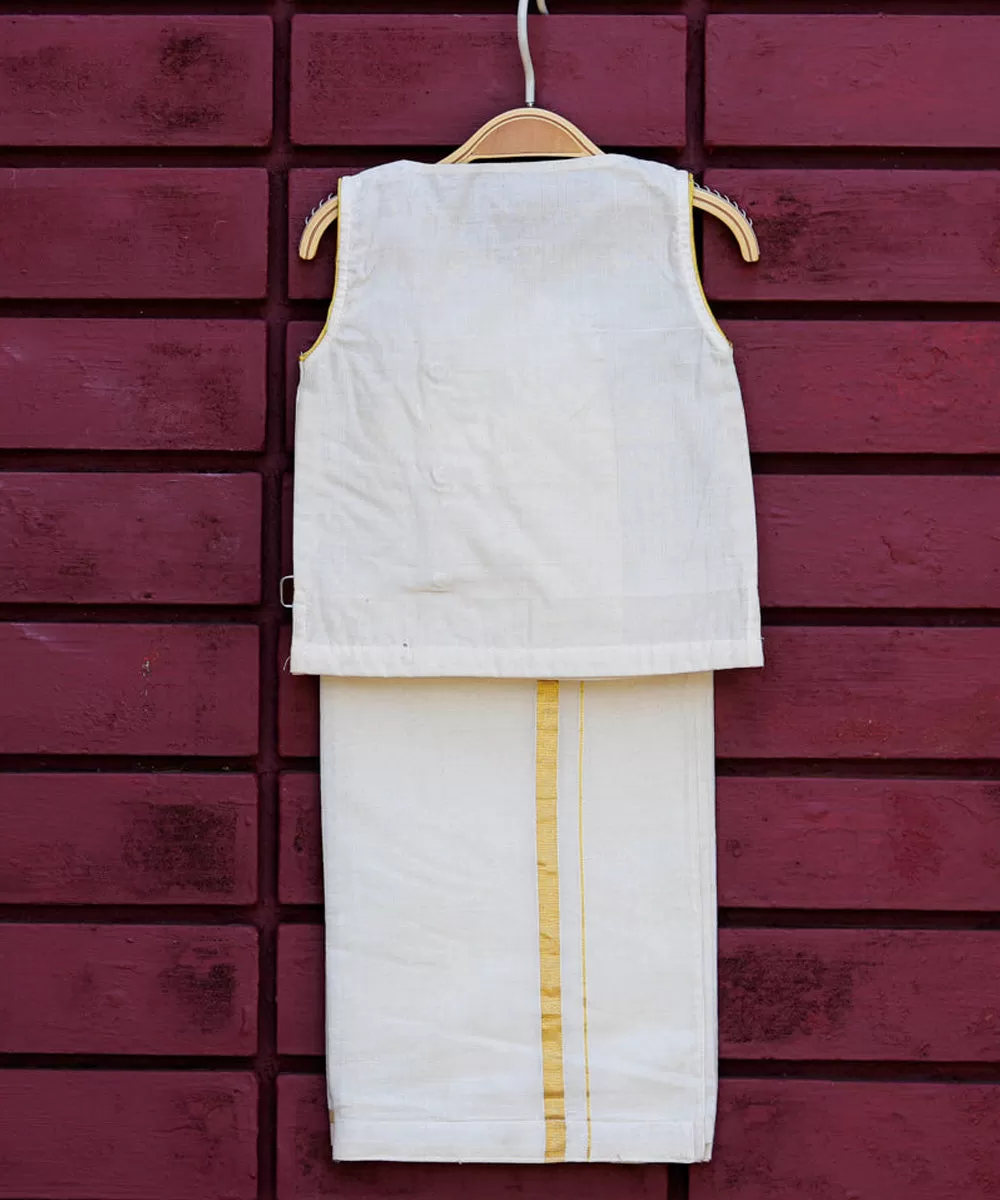 Cream handwoven overlapping v neck kurta