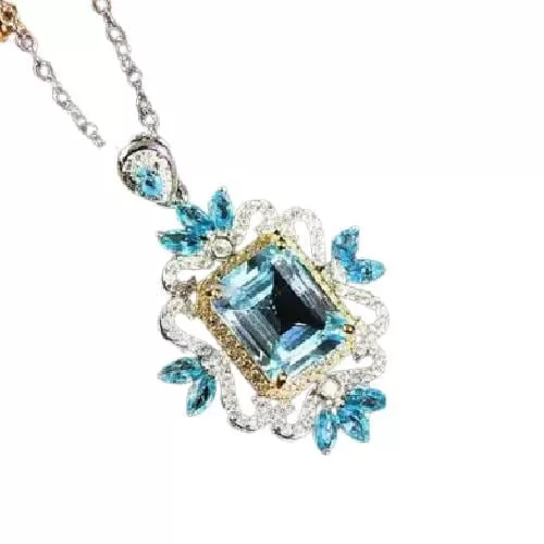 Creative Artistic Design Geometric Shaped Sky Blue Aquamarine CZ Necklace