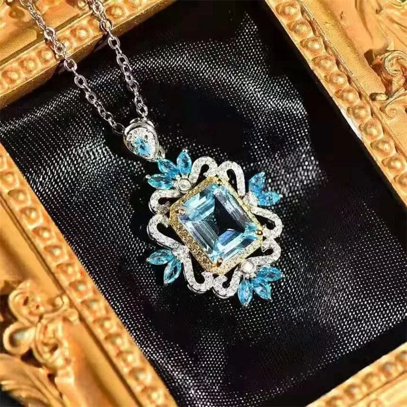 Creative Artistic Design Geometric Shaped Sky Blue Aquamarine CZ Necklace