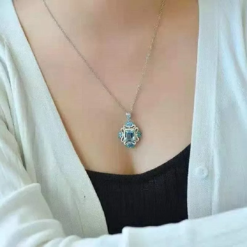 Creative Artistic Design Geometric Shaped Sky Blue Aquamarine CZ Necklace