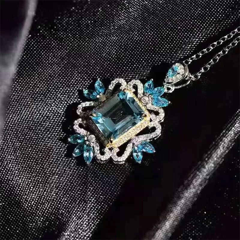 Creative Artistic Design Geometric Shaped Sky Blue Aquamarine CZ Necklace