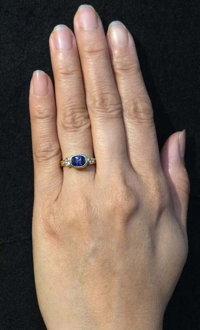 Delicate Double Band Cushion Cut Sapphire Ring with diamonds