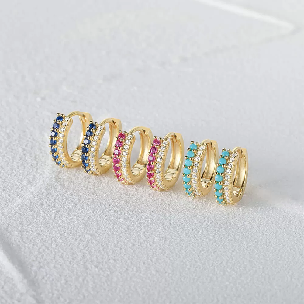 Double Row Mixed Color CZ Diamond Hoop Earrings