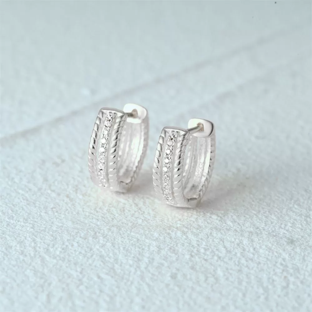 Double Twist Inlaid CZ Diamond Hoop Huggie Earrings