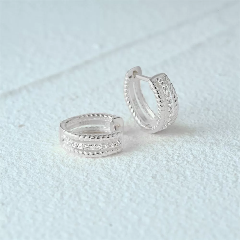 Double Twist Inlaid CZ Diamond Hoop Huggie Earrings