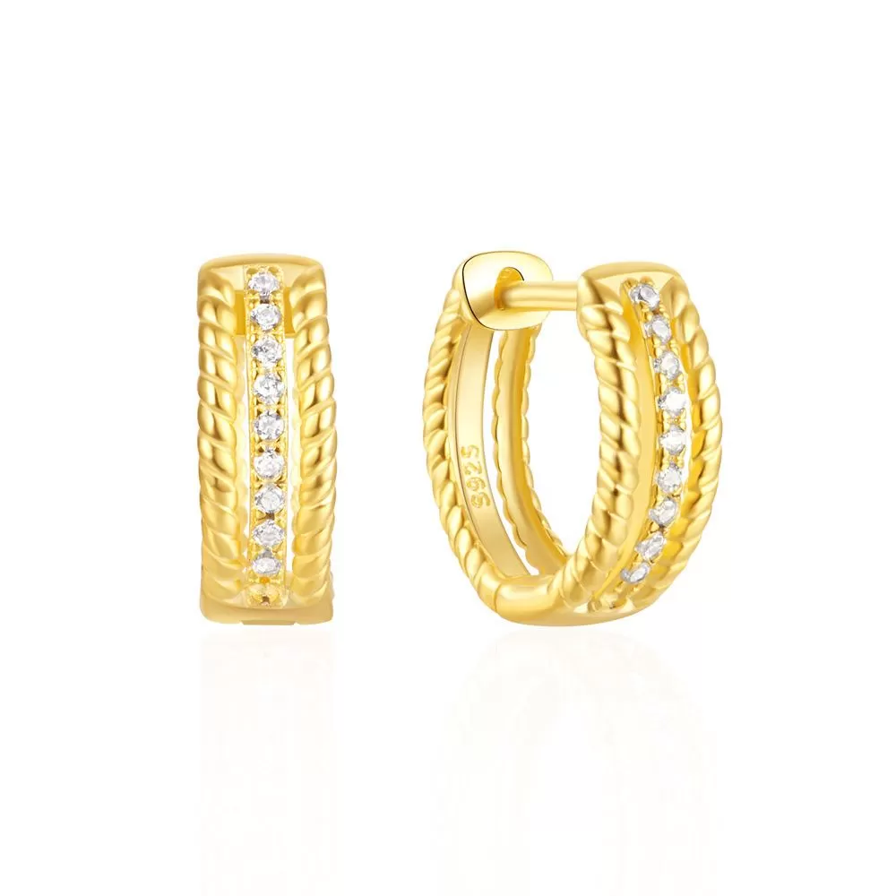 Double Twist Inlaid CZ Diamond Hoop Huggie Earrings