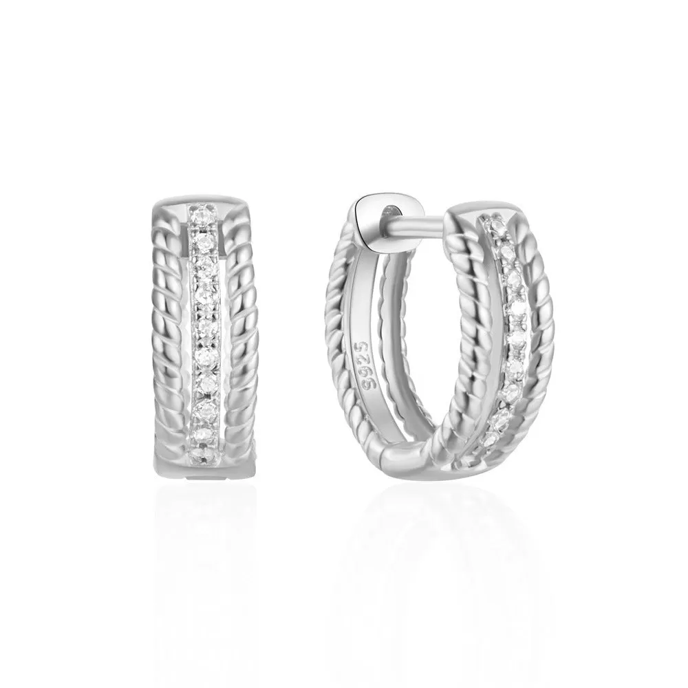 Double Twist Inlaid CZ Diamond Hoop Huggie Earrings