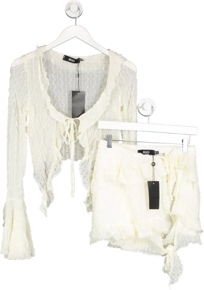 Ego Cream Long Sleeve Tie Front Top And Wrap Skirt Set UK 14