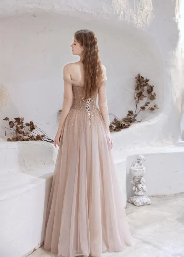 Elegant A Line Nude Pink Prom Dresses Lace Up Party Dresses