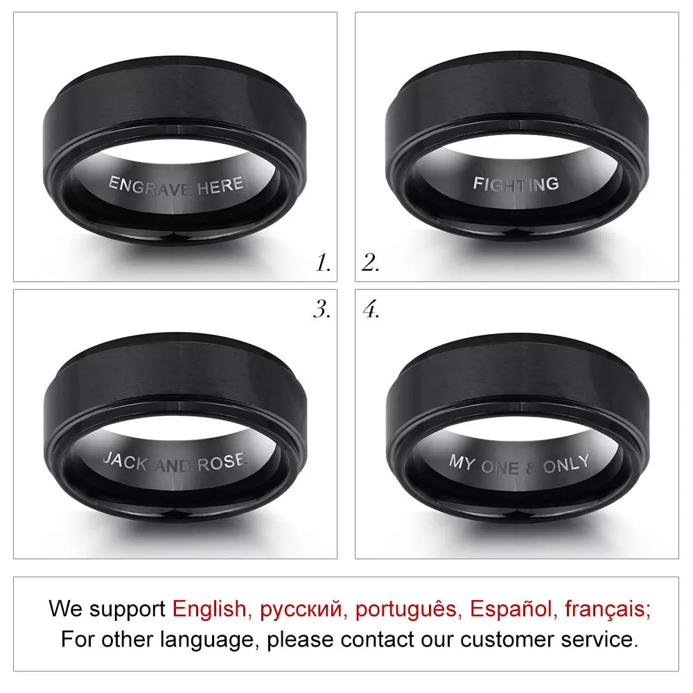 Engrave Name Rings for Men Black Stainless Steel Ring Fashion Male Jewelry Gift for Husbands