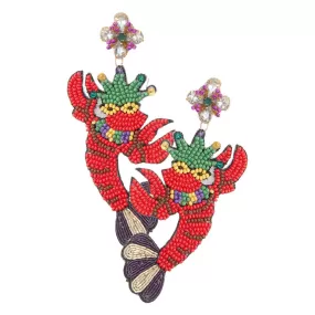 Felt Back Mardi Gras Lobster Beaded Dangle Earrings