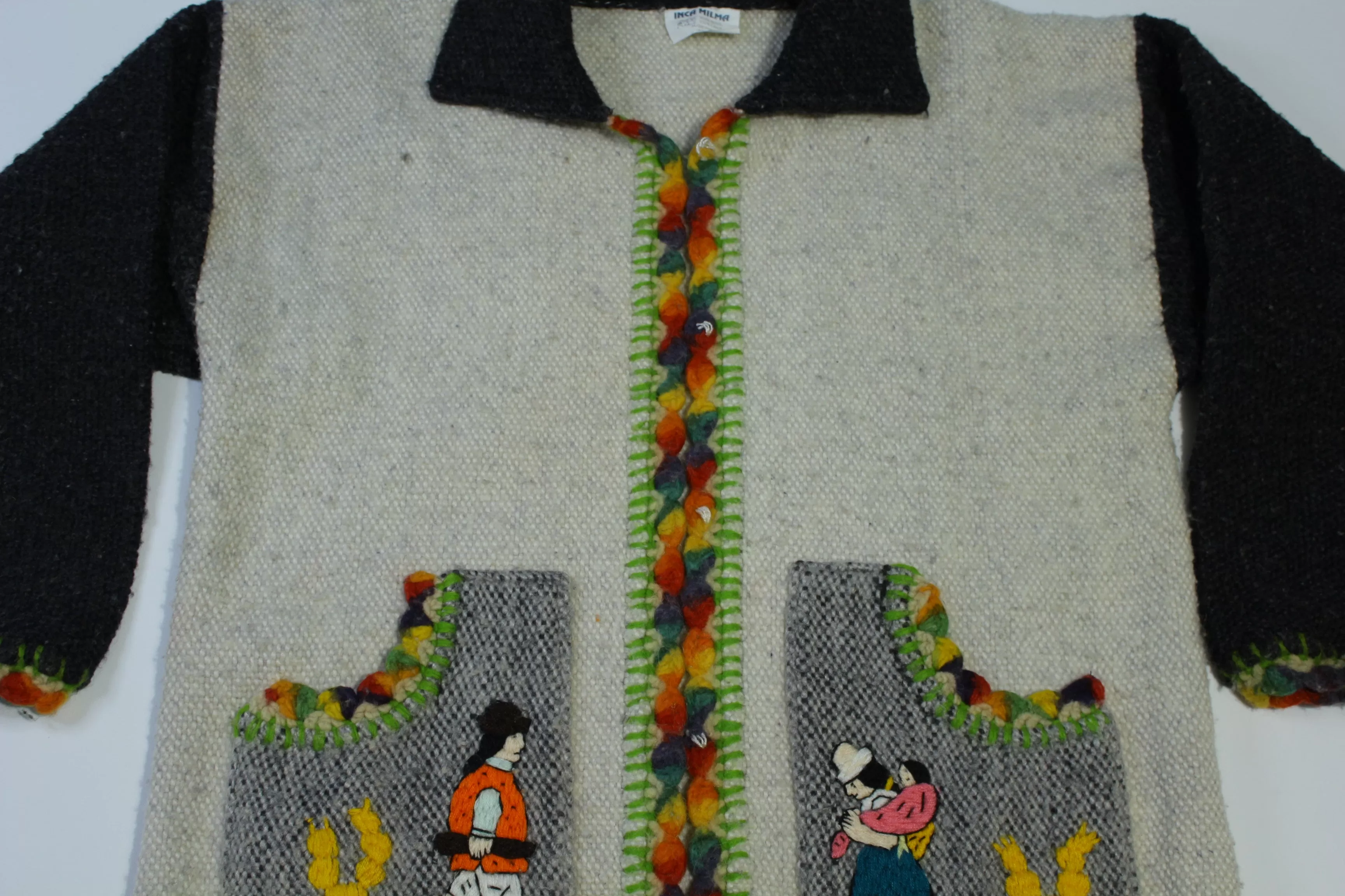 Folklor Inca Milma Vintage 80's Cardigan Ecuador Grey Wool Tejidos Sweater