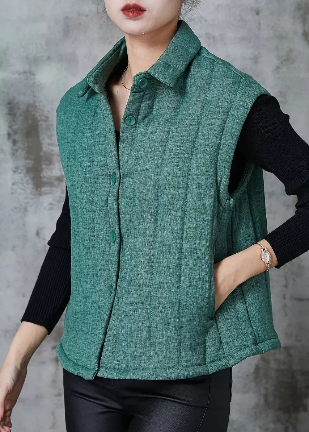 Green Thick Fine Cotton Filled Vest Peter Pan Collar Pockets Spring JK1024