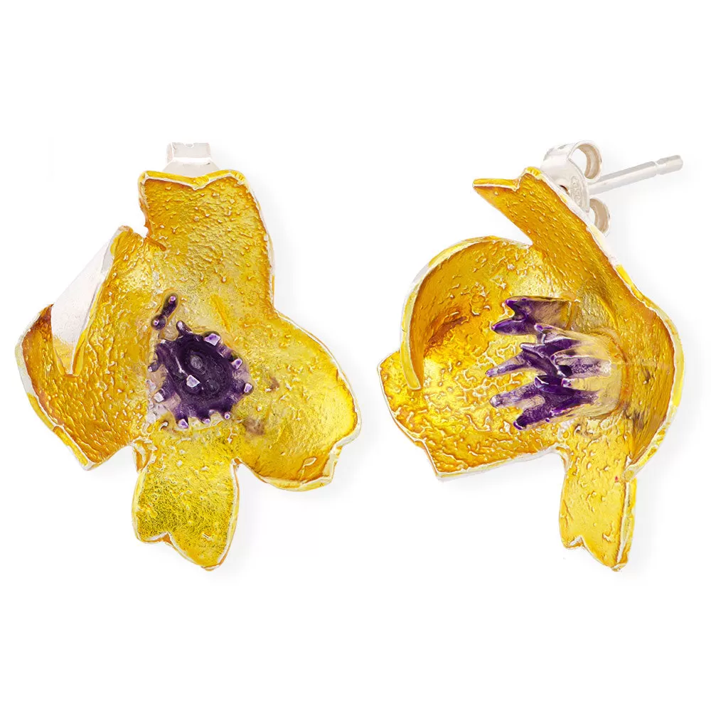 Handmade Silver Stud Earrings Yellow Winter Flowers