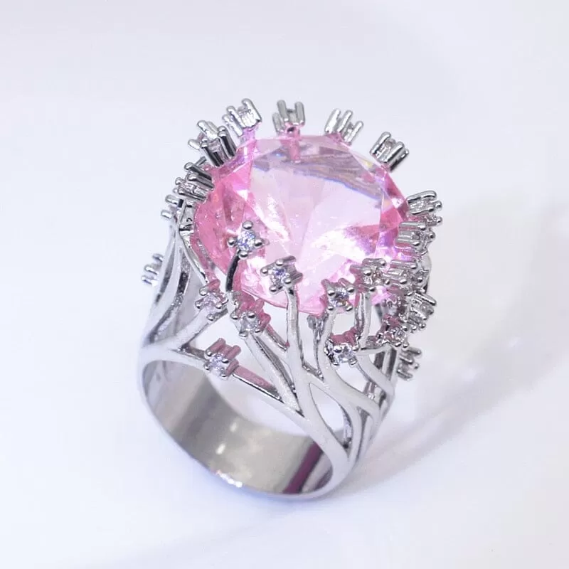 Inlaid Pink Crystal Exaggerated Silver Ring