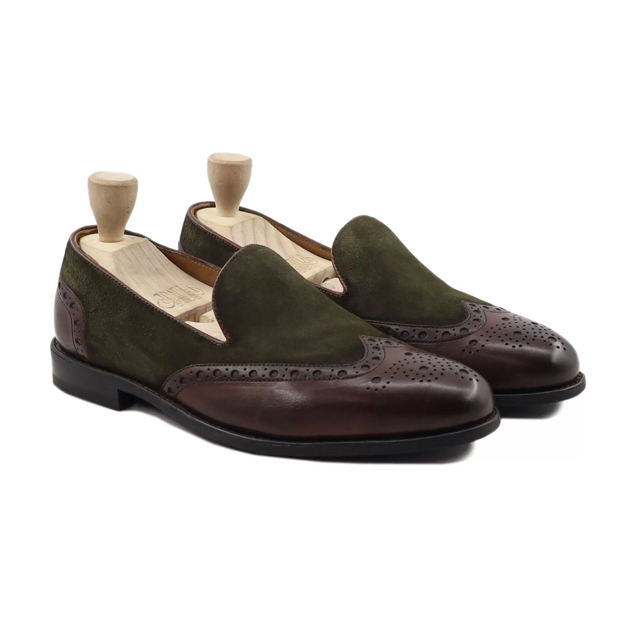 Kazan - Men's Brown Calf Leather And Green Kid Suede Loafer