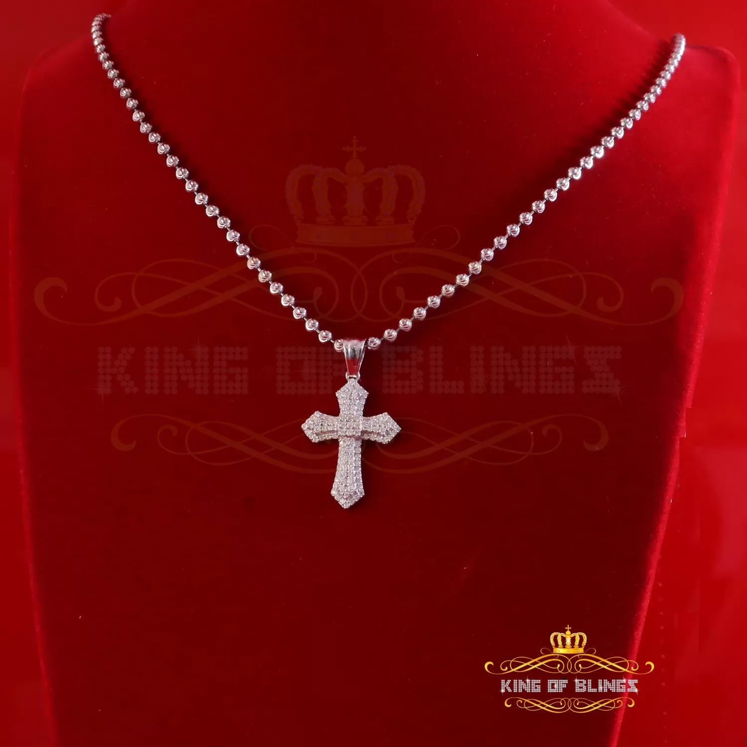 King Of Bling's New Pantone 925 White Sterling Silver 1.00ct VVS D Clr. Moissanite Cross Pendant