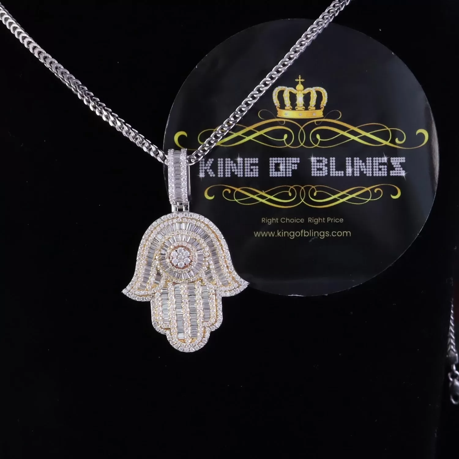 King Of Bling's White Sterling Silver Charm Hamsa Pendant 8.0ct VVS D Moissanite Men's & Women's