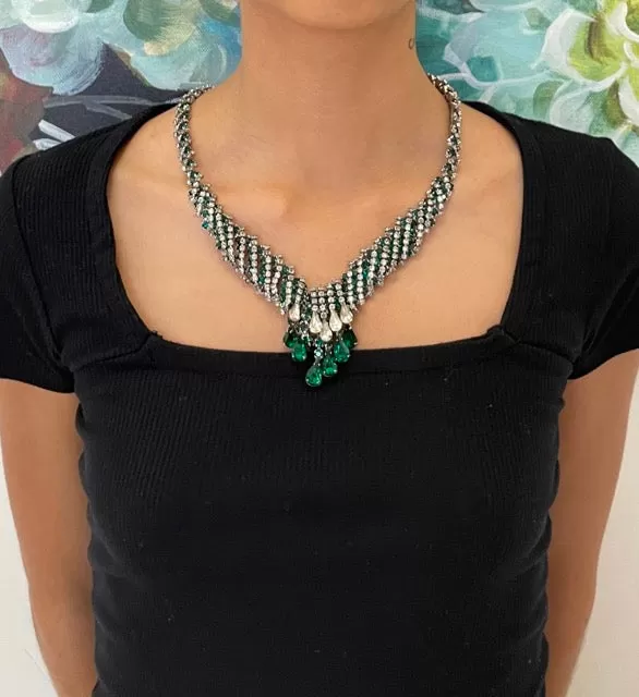 Kramer Couture 1950s Green and Clear Rhinestone Necklace