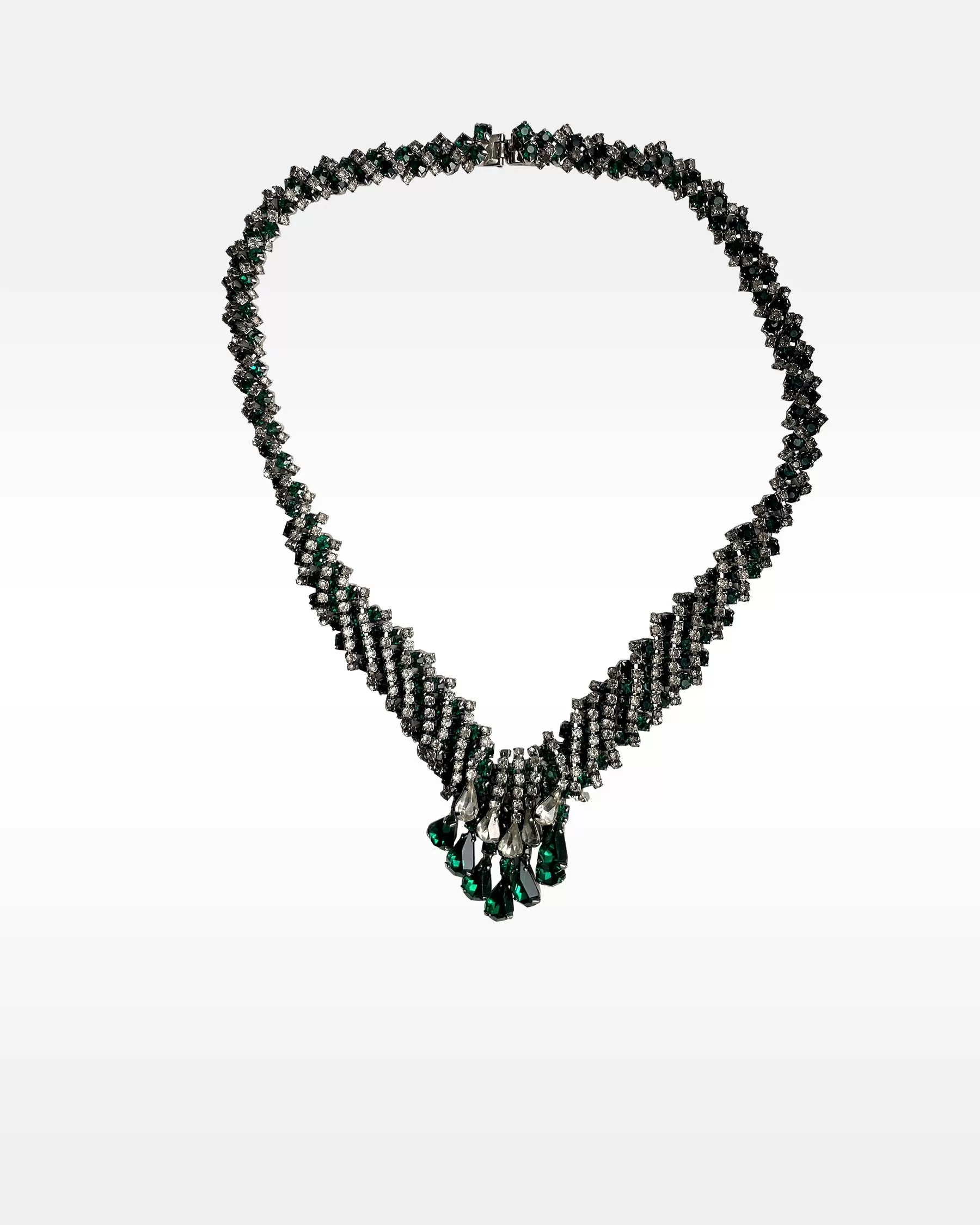 Kramer Couture 1950s Green and Clear Rhinestone Necklace