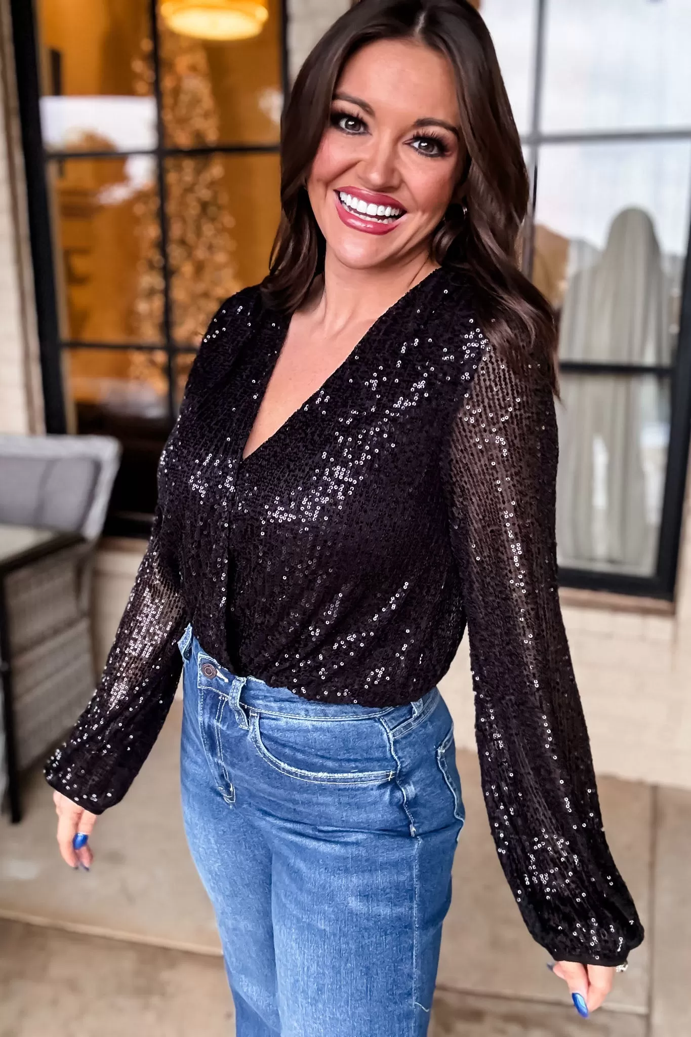 Long Sleeve Sequin Wrap Bodysuit