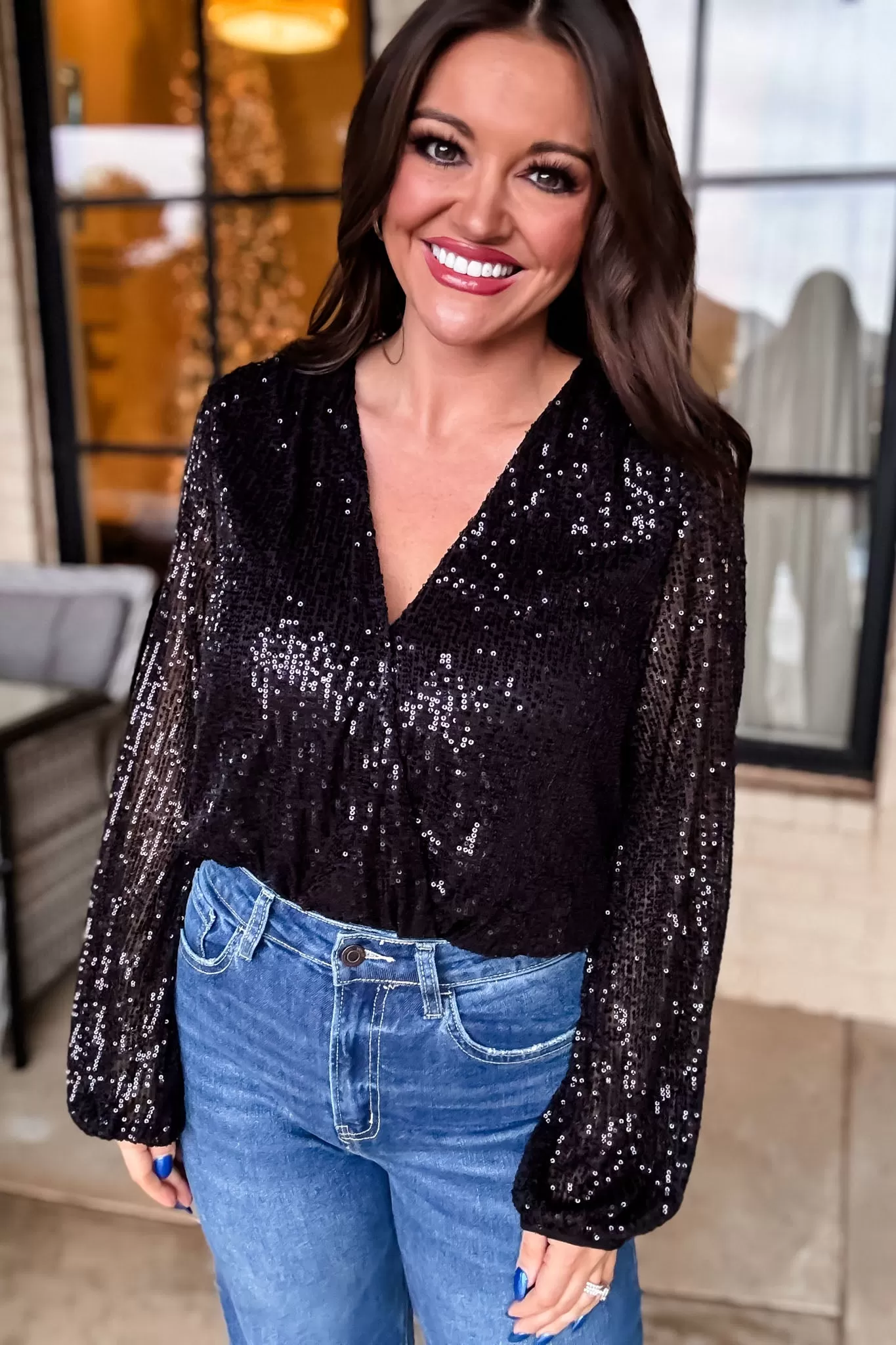 Long Sleeve Sequin Wrap Bodysuit