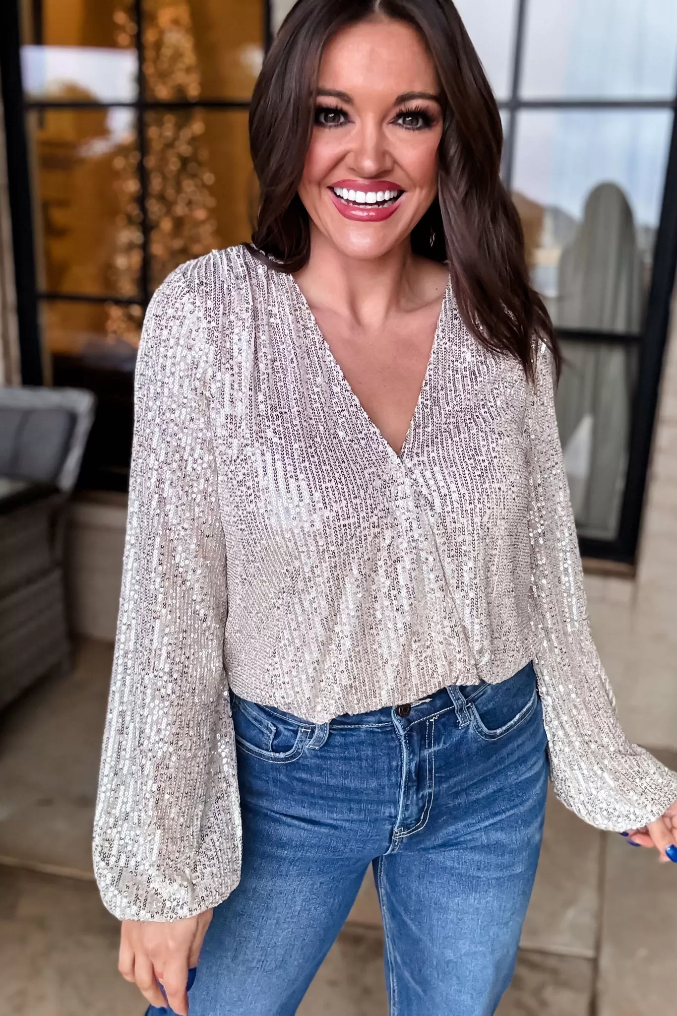 Long Sleeve Sequin Wrap Bodysuit