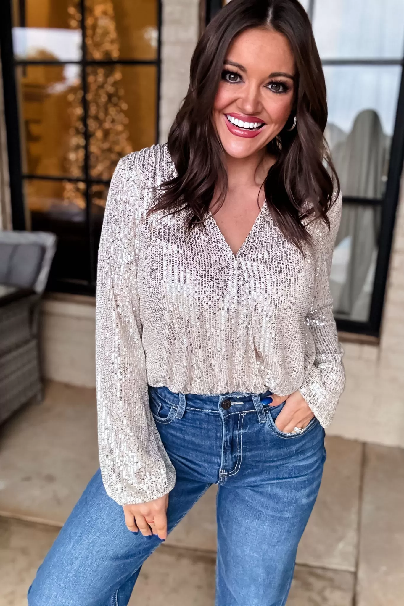 Long Sleeve Sequin Wrap Bodysuit