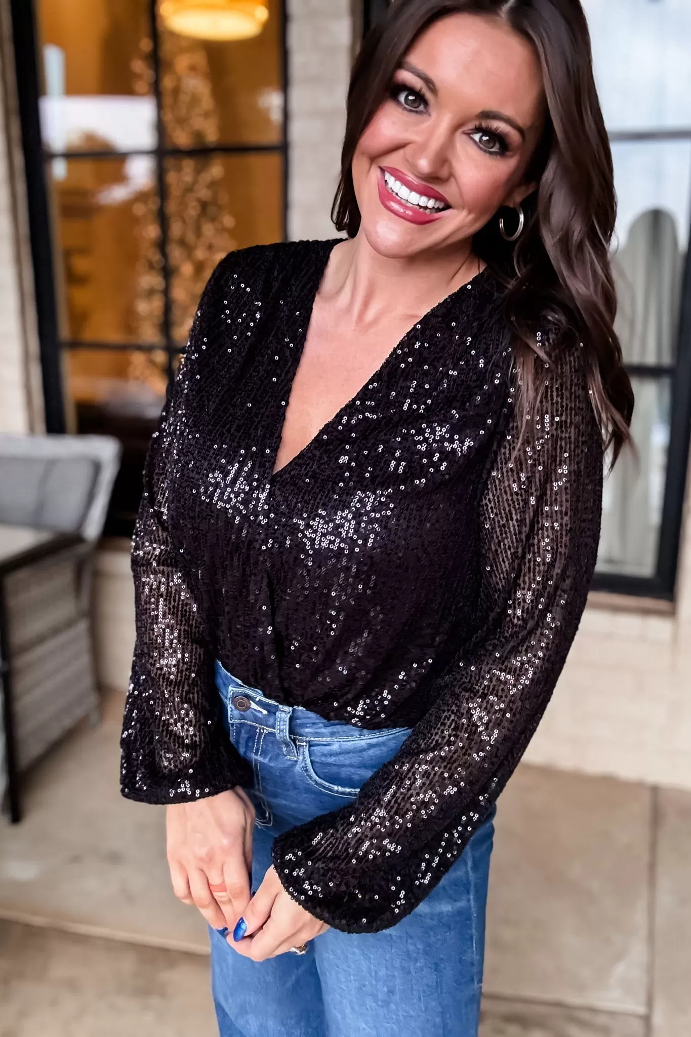 Long Sleeve Sequin Wrap Bodysuit