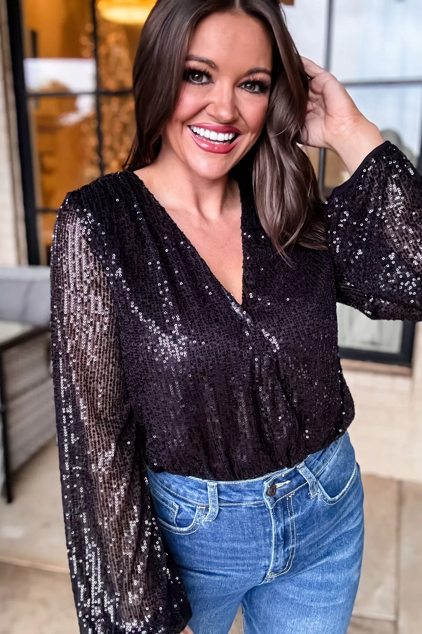 Long Sleeve Sequin Wrap Bodysuit