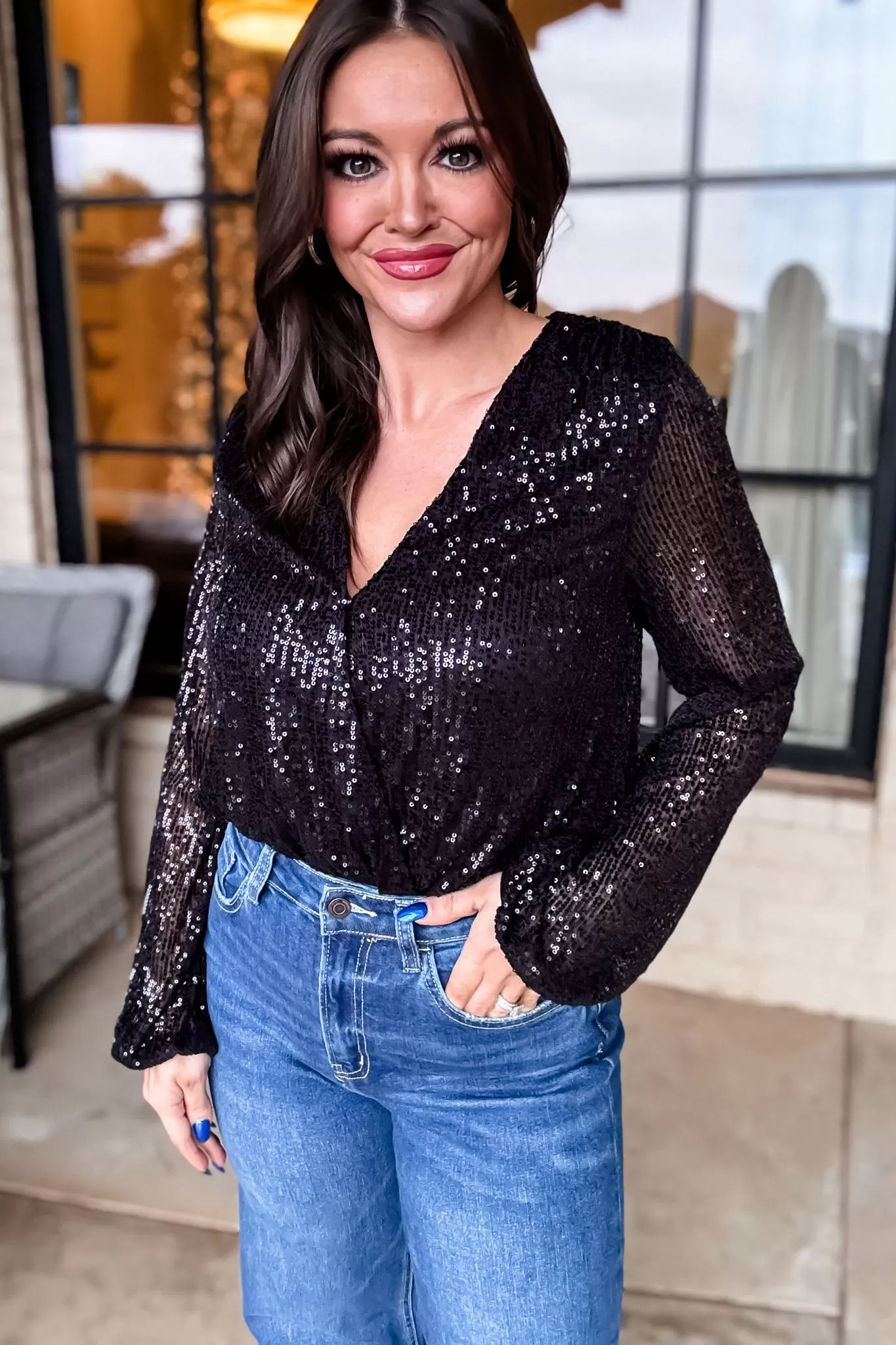 Long Sleeve Sequin Wrap Bodysuit