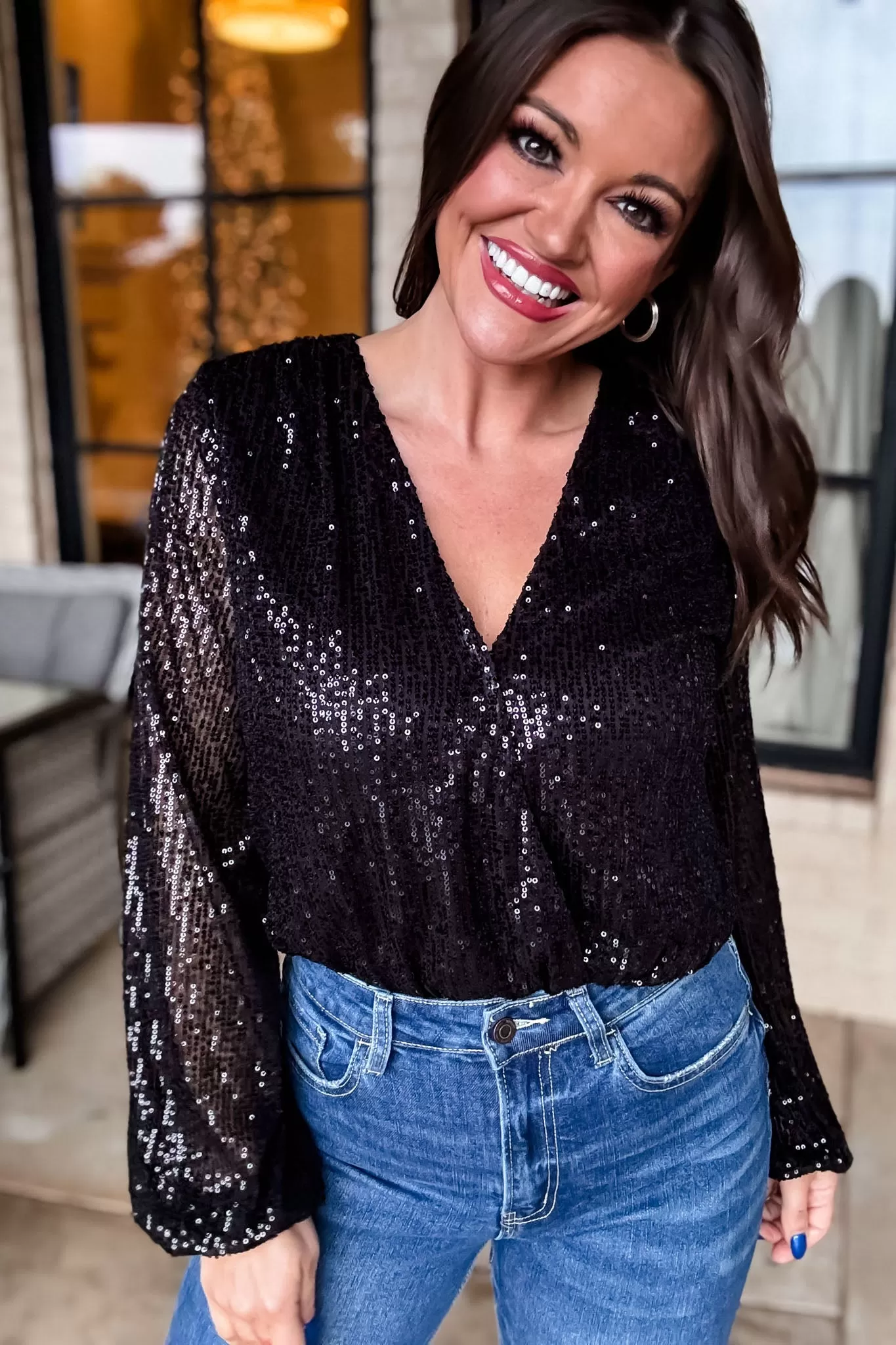 Long Sleeve Sequin Wrap Bodysuit