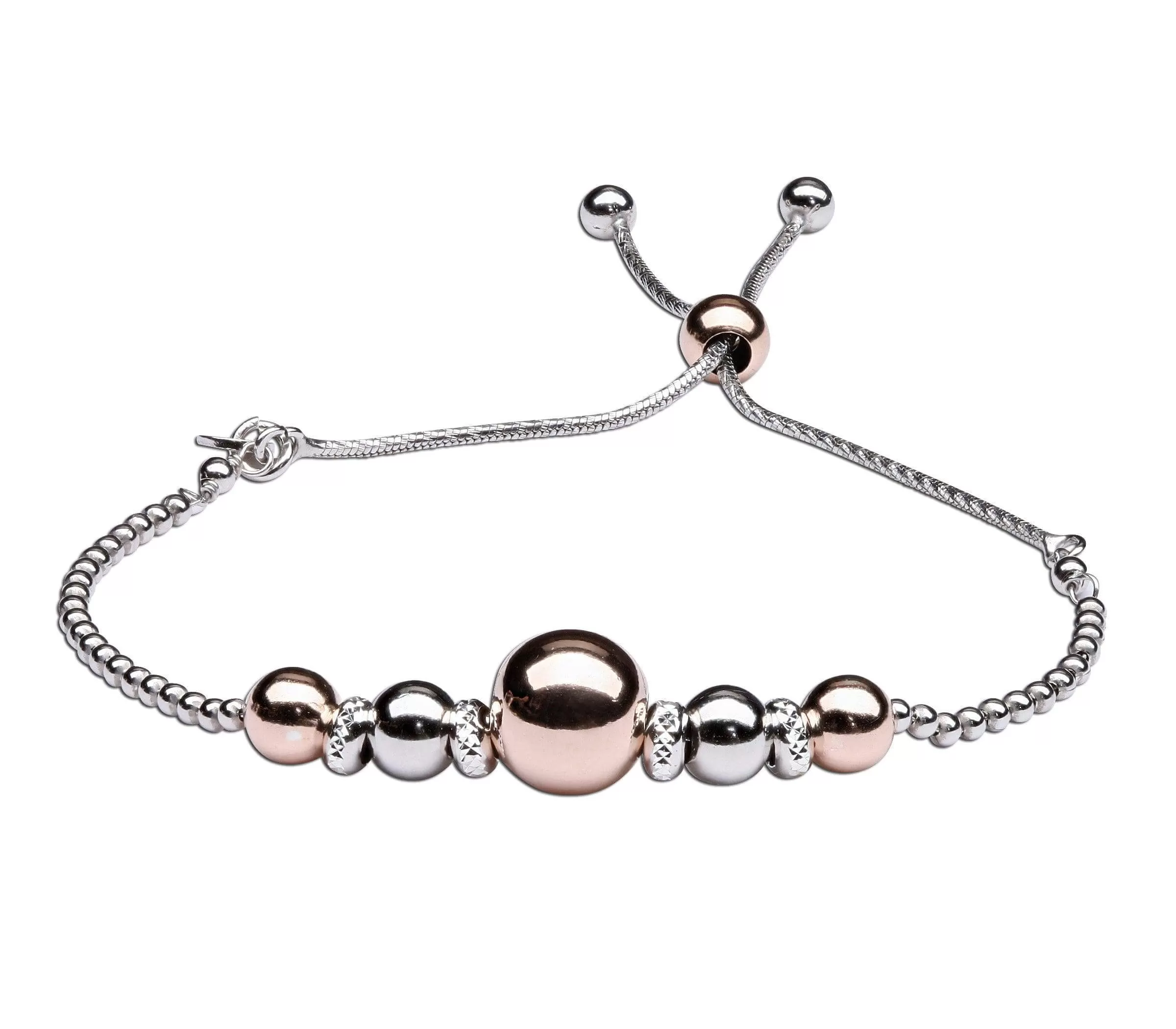 Luxury Bolo Bracelet Sterling Silver with Rose-Gold Plated Accents, Adjustable Slide Closure